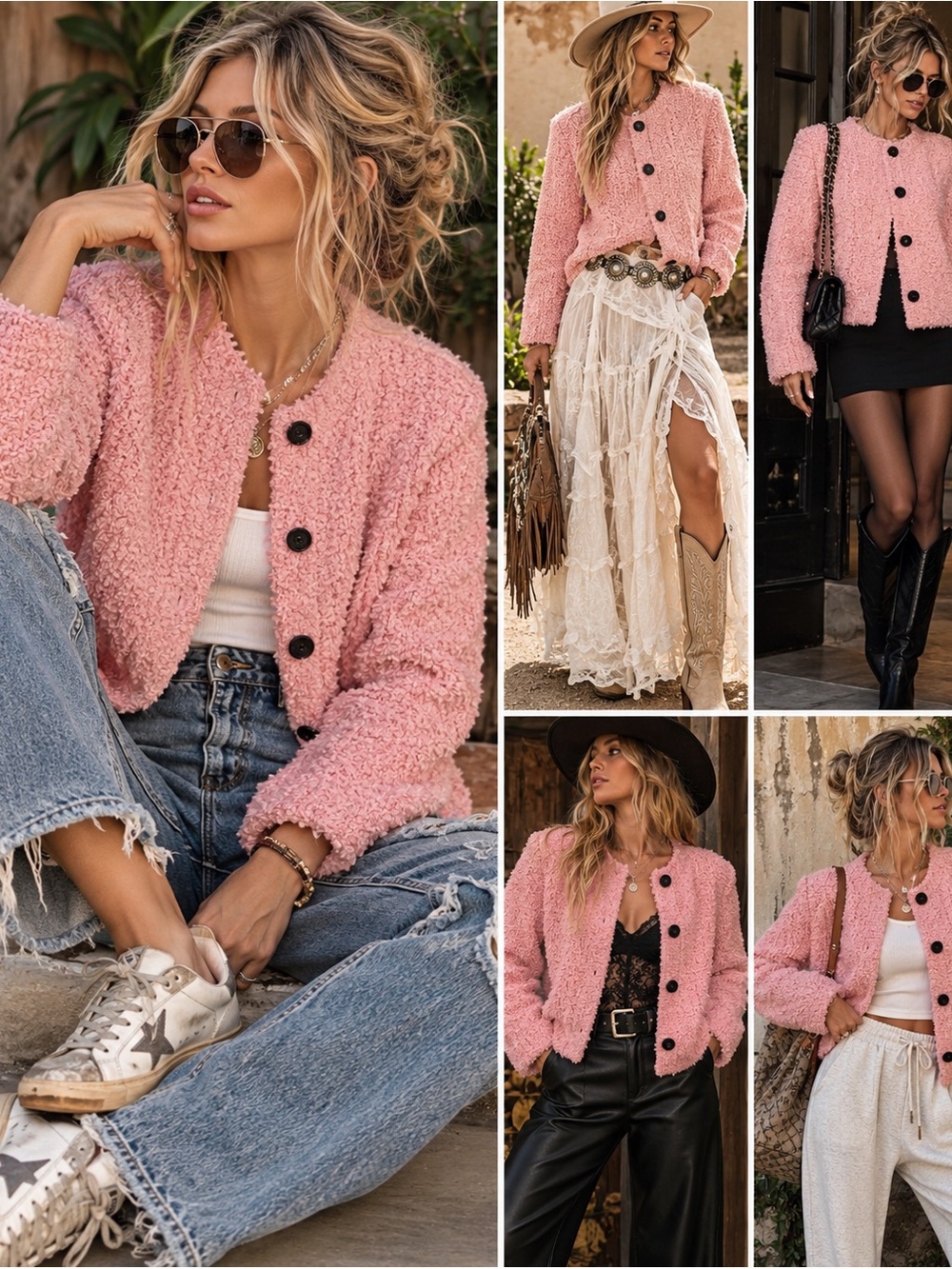 Zenana Outfitters Pink Teddy Bouclé Button Jacket